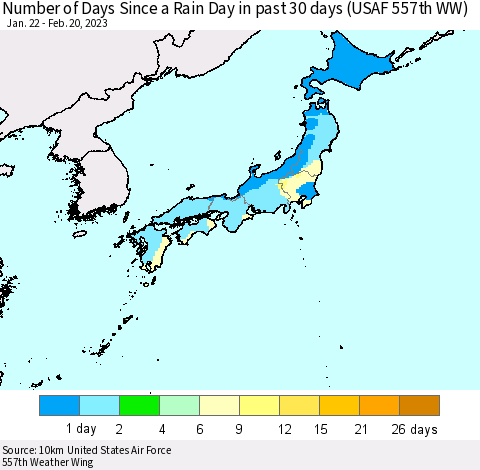 Japan Number of Days Since a Rain Day in past 30 days (USAF 557th WW) Thematic Map For 2/16/2023 - 2/20/2023
