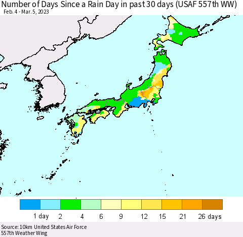 Japan Number of Days Since a Rain Day in past 30 days (USAF 557th WW) Thematic Map For 3/1/2023 - 3/5/2023