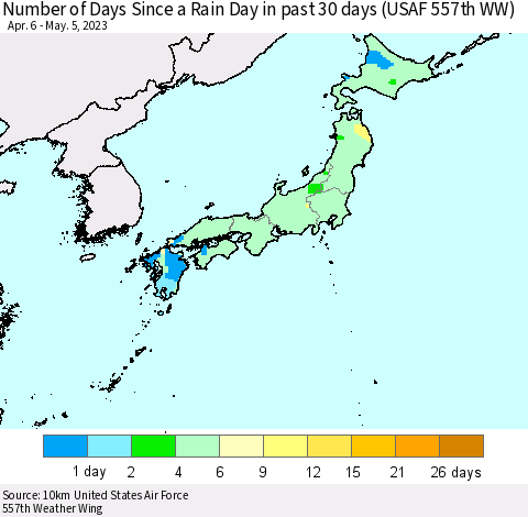 Japan Number of Days Since a Rain Day in past 30 days (USAF 557th WW) Thematic Map For 5/1/2023 - 5/5/2023