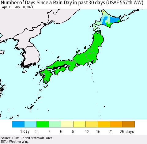 Japan Number of Days Since a Rain Day in past 30 days (USAF 557th WW) Thematic Map For 5/6/2023 - 5/10/2023