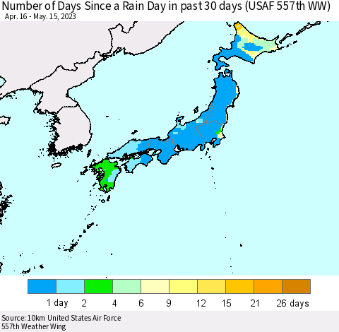 Japan Number of Days Since a Rain Day in past 30 days (USAF 557th WW) Thematic Map For 5/11/2023 - 5/15/2023