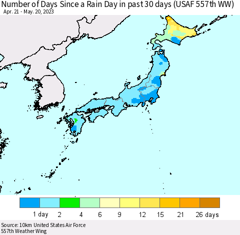 Japan Number of Days Since a Rain Day in past 30 days (USAF 557th WW) Thematic Map For 5/16/2023 - 5/20/2023