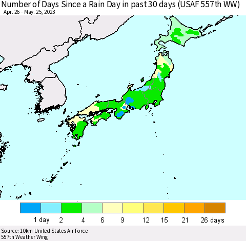 Japan Number of Days Since a Rain Day in past 30 days (USAF 557th WW) Thematic Map For 5/21/2023 - 5/25/2023
