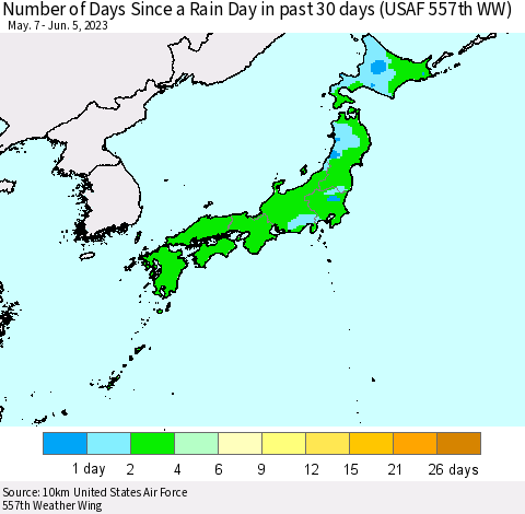 Japan Number of Days Since a Rain Day in past 30 days (USAF 557th WW) Thematic Map For 6/1/2023 - 6/5/2023