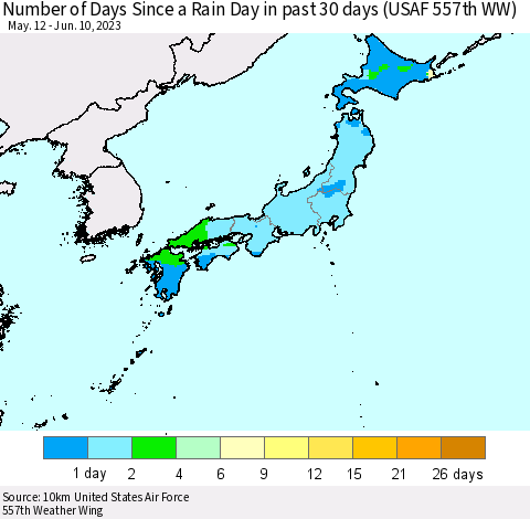 Japan Number of Days Since a Rain Day in past 30 days (USAF 557th WW) Thematic Map For 6/6/2023 - 6/10/2023