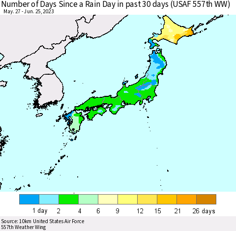 Japan Number of Days Since a Rain Day in past 30 days (USAF 557th WW) Thematic Map For 6/21/2023 - 6/25/2023