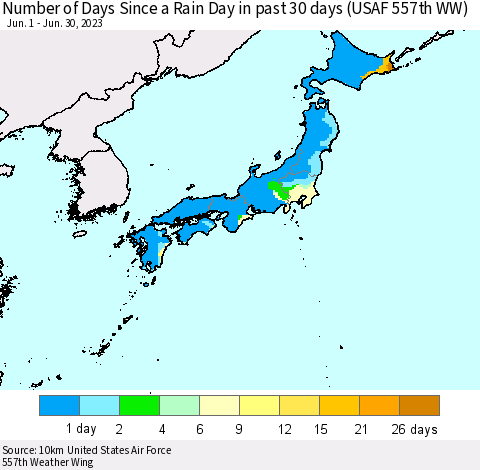 Japan Number of Days Since a Rain Day in past 30 days (USAF 557th WW) Thematic Map For 6/26/2023 - 6/30/2023