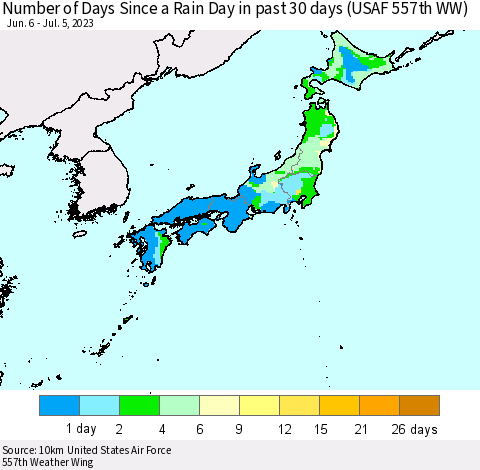 Japan Number of Days Since a Rain Day in past 30 days (USAF 557th WW) Thematic Map For 7/1/2023 - 7/5/2023