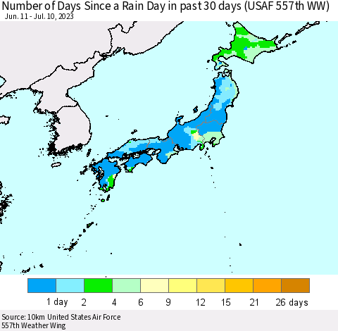Japan Number of Days Since a Rain Day in past 30 days (USAF 557th WW) Thematic Map For 7/6/2023 - 7/10/2023