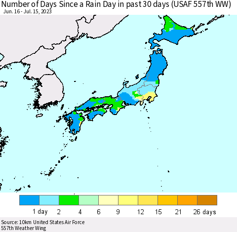 Japan Number of Days Since a Rain Day in past 30 days (USAF 557th WW) Thematic Map For 7/11/2023 - 7/15/2023