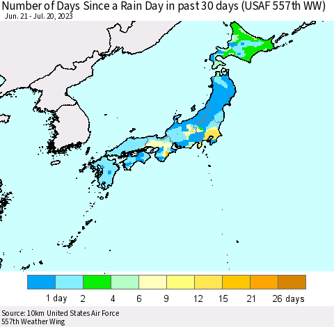 Japan Number of Days Since a Rain Day in past 30 days (USAF 557th WW) Thematic Map For 7/16/2023 - 7/20/2023