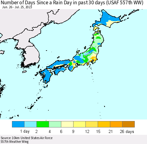 Japan Number of Days Since a Rain Day in past 30 days (USAF 557th WW) Thematic Map For 7/21/2023 - 7/25/2023