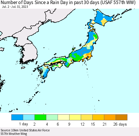 Japan Number of Days Since a Rain Day in past 30 days (USAF 557th WW) Thematic Map For 7/26/2023 - 7/31/2023