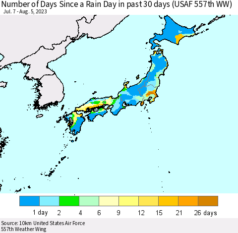 Japan Number of Days Since a Rain Day in past 30 days (USAF 557th WW) Thematic Map For 8/1/2023 - 8/5/2023