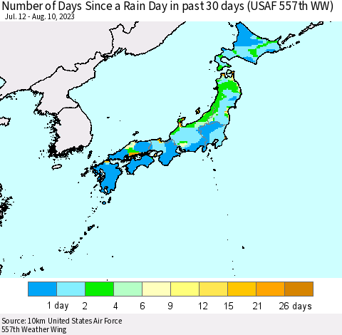 Japan Number of Days Since a Rain Day in past 30 days (USAF 557th WW) Thematic Map For 8/6/2023 - 8/10/2023