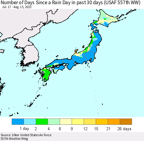 Japan Number of Days Since a Rain Day in past 30 days (USAF 557th WW) Thematic Map For 8/11/2023 - 8/15/2023