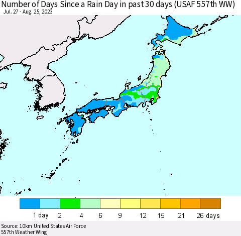 Japan Number of Days Since a Rain Day in past 30 days (USAF 557th WW) Thematic Map For 8/21/2023 - 8/25/2023