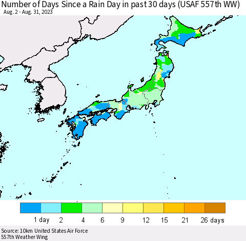 Japan Number of Days Since a Rain Day in past 30 days (USAF 557th WW) Thematic Map For 8/26/2023 - 8/31/2023