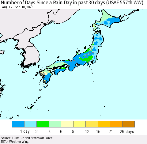 Japan Number of Days Since a Rain Day in past 30 days (USAF 557th WW) Thematic Map For 9/6/2023 - 9/10/2023