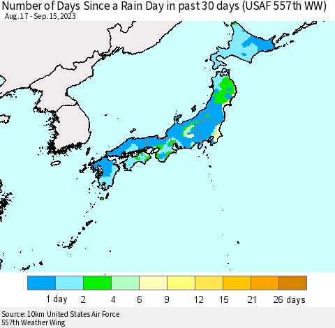 Japan Number of Days Since a Rain Day in past 30 days (USAF 557th WW) Thematic Map For 9/11/2023 - 9/15/2023