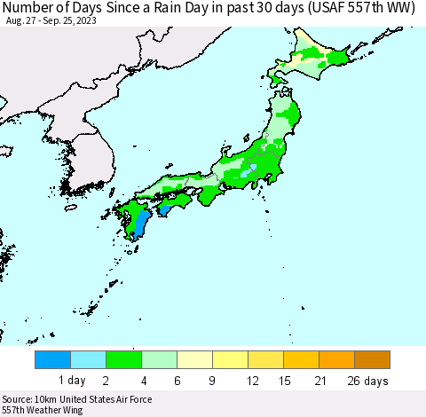 Japan Number of Days Since a Rain Day in past 30 days (USAF 557th WW) Thematic Map For 9/21/2023 - 9/25/2023