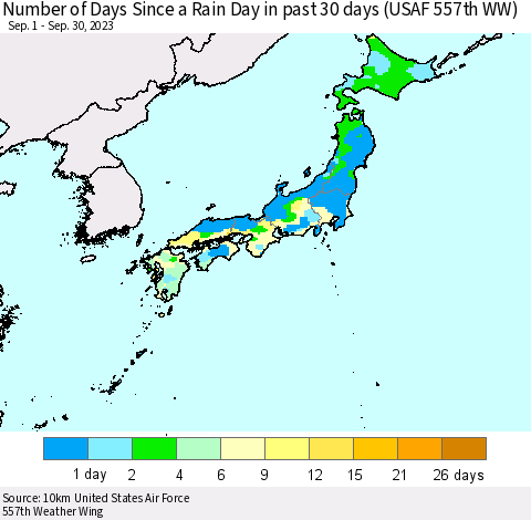 Japan Number of Days Since a Rain Day in past 30 days (USAF 557th WW) Thematic Map For 9/26/2023 - 9/30/2023