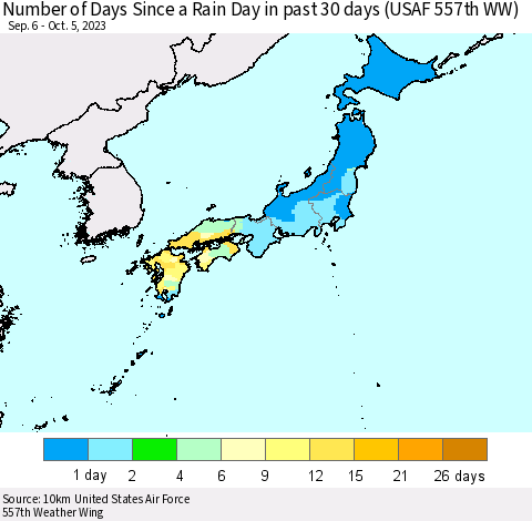 Japan Number of Days Since a Rain Day in past 30 days (USAF 557th WW) Thematic Map For 10/1/2023 - 10/5/2023