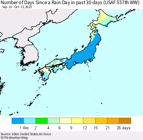 Japan Number of Days Since a Rain Day in past 30 days (USAF 557th WW) Thematic Map For 10/11/2023 - 10/15/2023