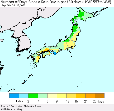 Japan Number of Days Since a Rain Day in past 30 days (USAF 557th WW) Thematic Map For 10/21/2023 - 10/25/2023