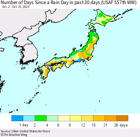 Japan Number of Days Since a Rain Day in past 30 days (USAF 557th WW) Thematic Map For 10/26/2023 - 10/31/2023