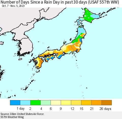 Japan Number of Days Since a Rain Day in past 30 days (USAF 557th WW) Thematic Map For 11/1/2023 - 11/5/2023