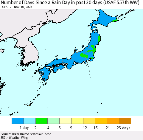 Japan Number of Days Since a Rain Day in past 30 days (USAF 557th WW) Thematic Map For 11/6/2023 - 11/10/2023