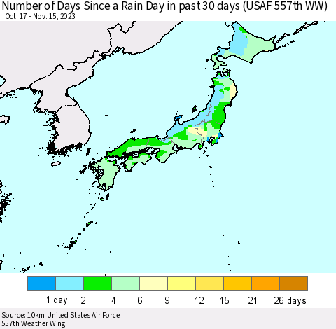 Japan Number of Days Since a Rain Day in past 30 days (USAF 557th WW) Thematic Map For 11/11/2023 - 11/15/2023