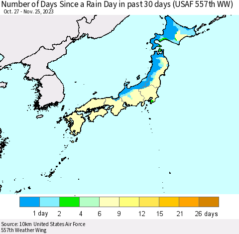 Japan Number of Days Since a Rain Day in past 30 days (USAF 557th WW) Thematic Map For 11/21/2023 - 11/25/2023