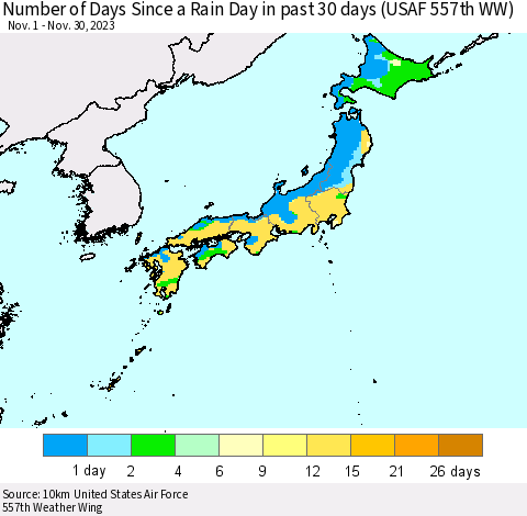 Japan Number of Days Since a Rain Day in past 30 days (USAF 557th WW) Thematic Map For 11/26/2023 - 11/30/2023