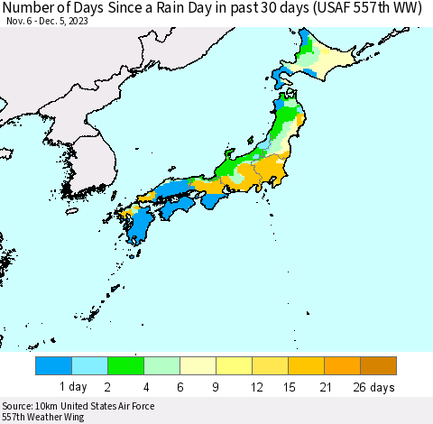 Japan Number of Days Since a Rain Day in past 30 days (USAF 557th WW) Thematic Map For 12/1/2023 - 12/5/2023