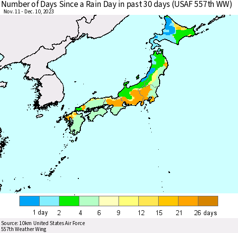 Japan Number of Days Since a Rain Day in past 30 days (USAF 557th WW) Thematic Map For 12/6/2023 - 12/10/2023