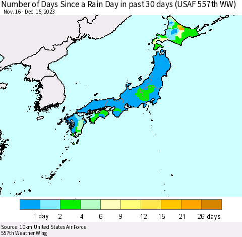 Japan Number of Days Since a Rain Day in past 30 days (USAF 557th WW) Thematic Map For 12/11/2023 - 12/15/2023