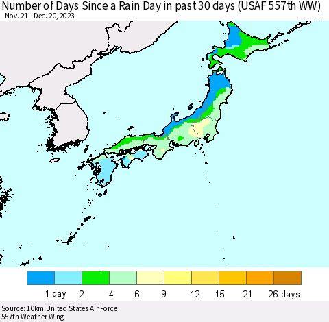 Japan Number of Days Since a Rain Day in past 30 days (USAF 557th WW) Thematic Map For 12/16/2023 - 12/20/2023
