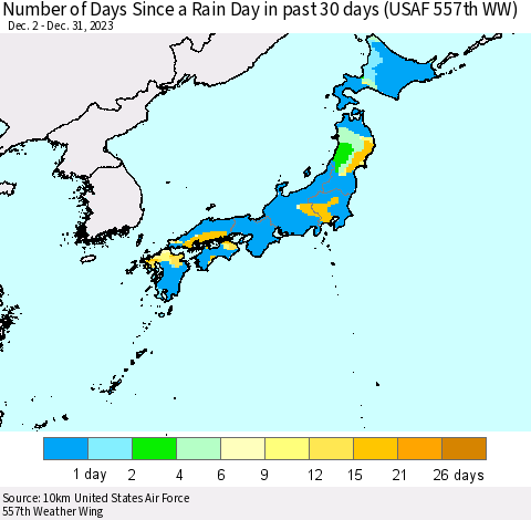 Japan Number of Days Since a Rain Day in past 30 days (USAF 557th WW) Thematic Map For 12/26/2023 - 12/31/2023