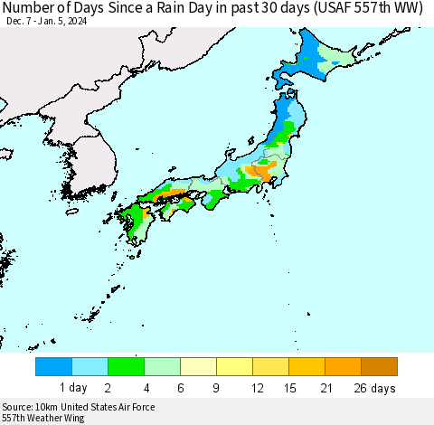 Japan Number of Days Since a Rain Day in past 30 days (USAF 557th WW) Thematic Map For 1/1/2024 - 1/5/2024