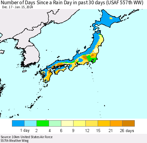 Japan Number of Days Since a Rain Day in past 30 days (USAF 557th WW) Thematic Map For 1/11/2024 - 1/15/2024