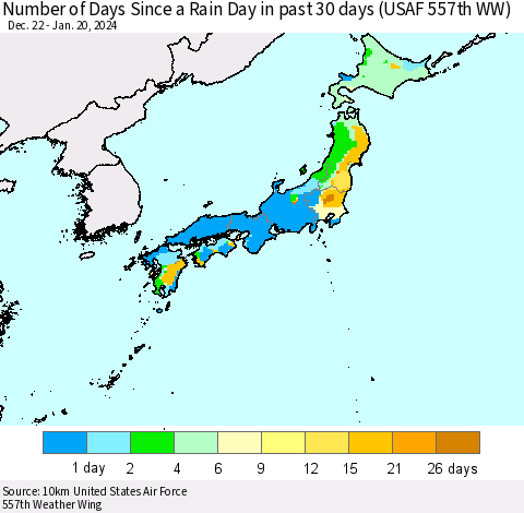 Japan Number of Days Since a Rain Day in past 30 days (USAF 557th WW) Thematic Map For 1/16/2024 - 1/20/2024