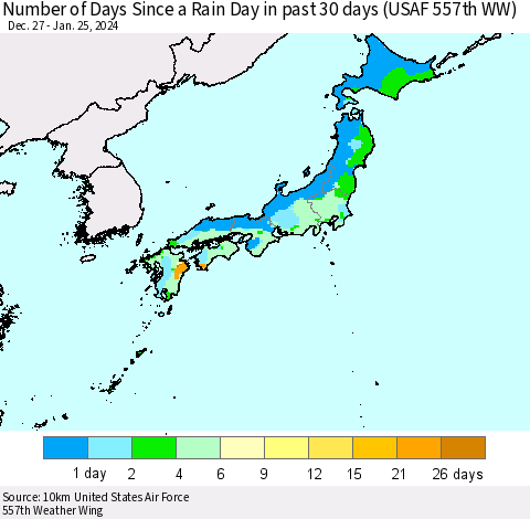 Japan Number of Days Since a Rain Day in past 30 days (USAF 557th WW) Thematic Map For 1/21/2024 - 1/25/2024