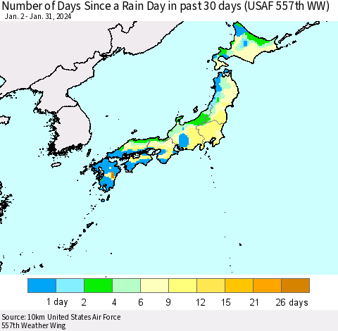 Japan Number of Days Since a Rain Day in past 30 days (USAF 557th WW) Thematic Map For 1/26/2024 - 1/31/2024