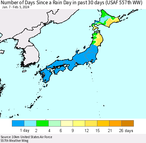 Japan Number of Days Since a Rain Day in past 30 days (USAF 557th WW) Thematic Map For 2/1/2024 - 2/5/2024