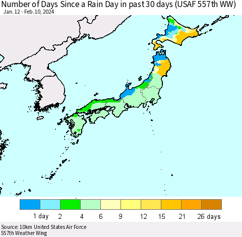 Japan Number of Days Since a Rain Day in past 30 days (USAF 557th WW) Thematic Map For 2/6/2024 - 2/10/2024