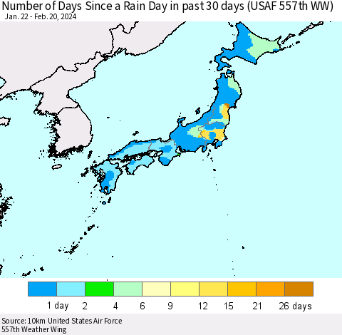Japan Number of Days Since a Rain Day in past 30 days (USAF 557th WW) Thematic Map For 2/16/2024 - 2/20/2024