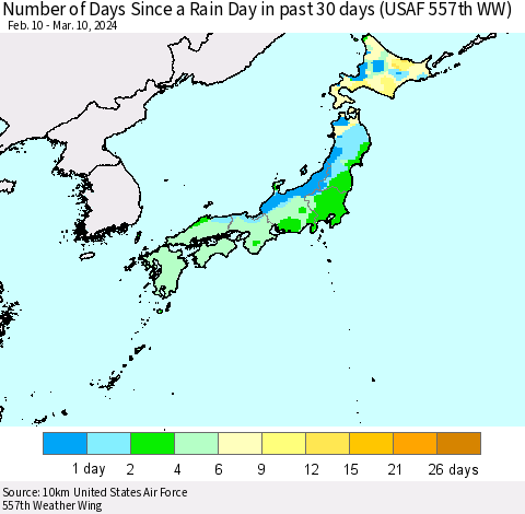Japan Number of Days Since a Rain Day in past 30 days (USAF 557th WW) Thematic Map For 3/6/2024 - 3/10/2024