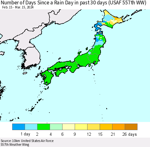 Japan Number of Days Since a Rain Day in past 30 days (USAF 557th WW) Thematic Map For 3/11/2024 - 3/15/2024